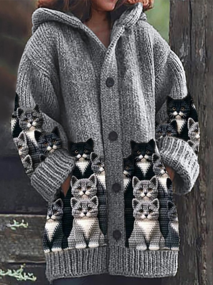 Jasmin - Koselig Strikket Katt Print Cardigan