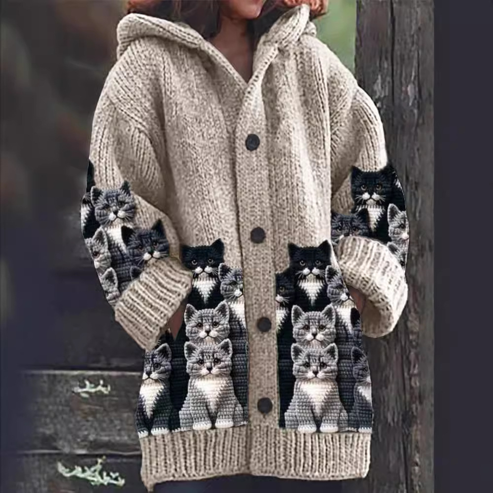 Jasmin - Koselig Strikket Katt Print Cardigan