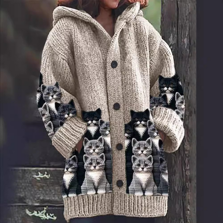 Jasmin - Koselig Strikket Katt Print Cardigan