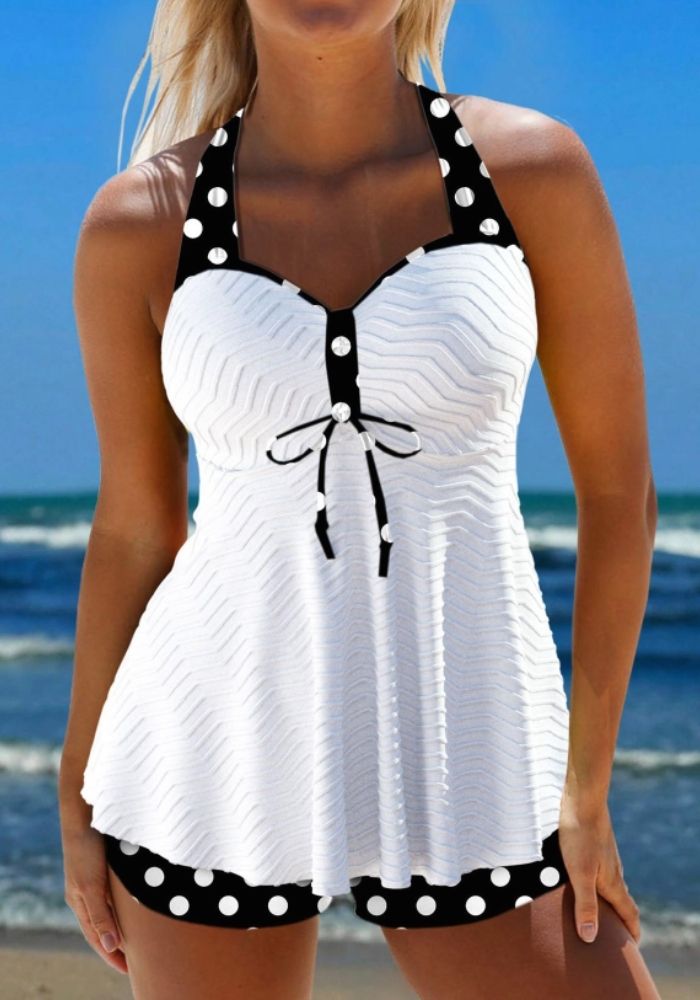 Ana | Elegant Hvit Polkadot Tankini med Fristende Detaljer