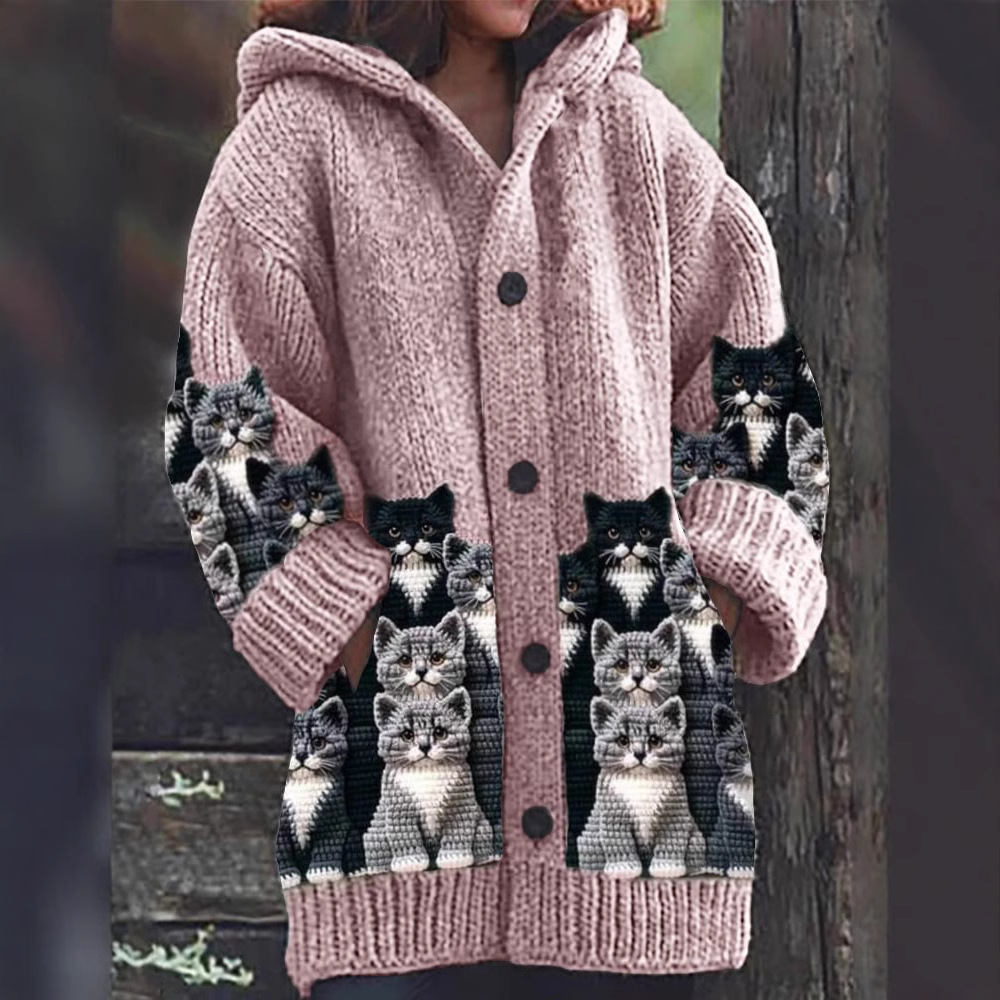 Jasmin - Koselig Strikket Katt Print Cardigan
