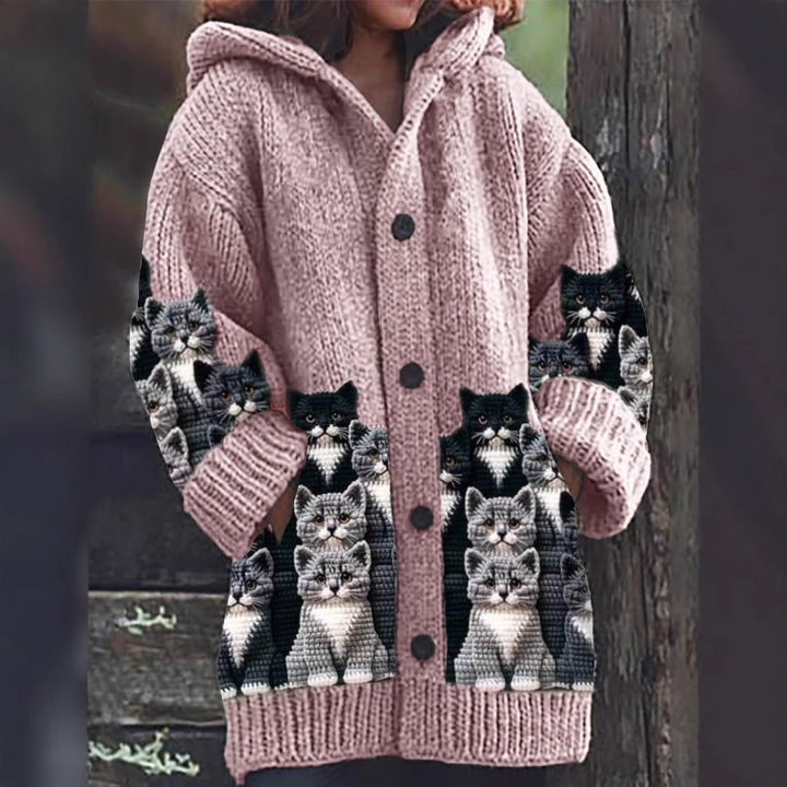 Jasmin - Koselig Strikket Katt Print Cardigan
