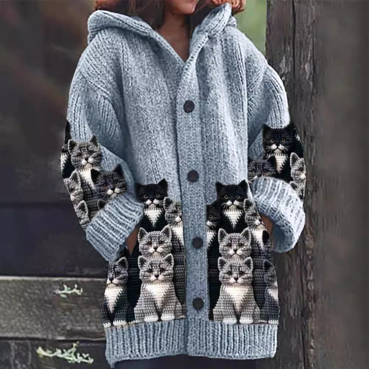 Jasmin - Koselig Strikket Katt Print Cardigan